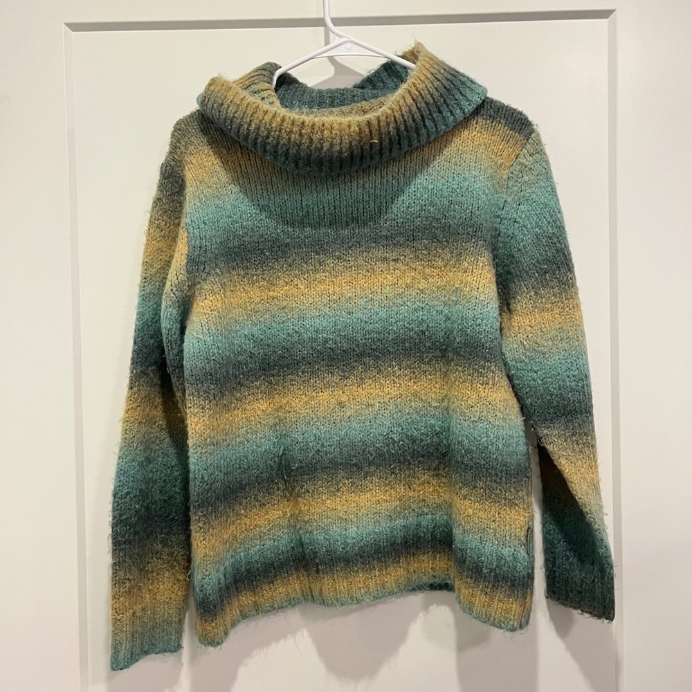 Woolrich Womens Large Ombre Striped Cowl Neck Knit Sweater Teal Gold Pullover